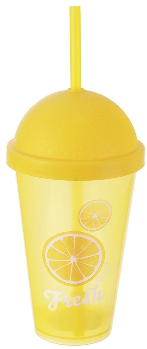 Orion - Plastic Beker - 450ml - Met deksel en rietje - Geel