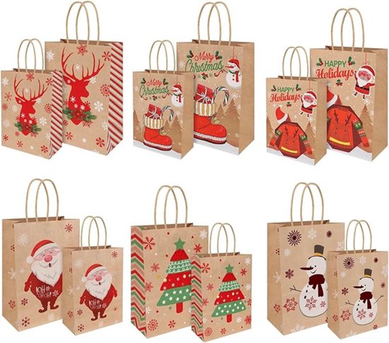 thumbnail: 24 Stuks Kerst Cadeauzakjes - Kleine Papieren Kerstzakjes Met Handvat, 4 Schattige Designs, Perfect Voor Snoep En Cadeautjes