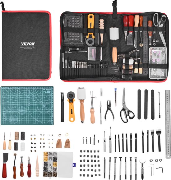 Mallette à outils VEVOR ouverte, avec outils, tapis de découpe, couteau rotatif, poinçons et ciseaux.