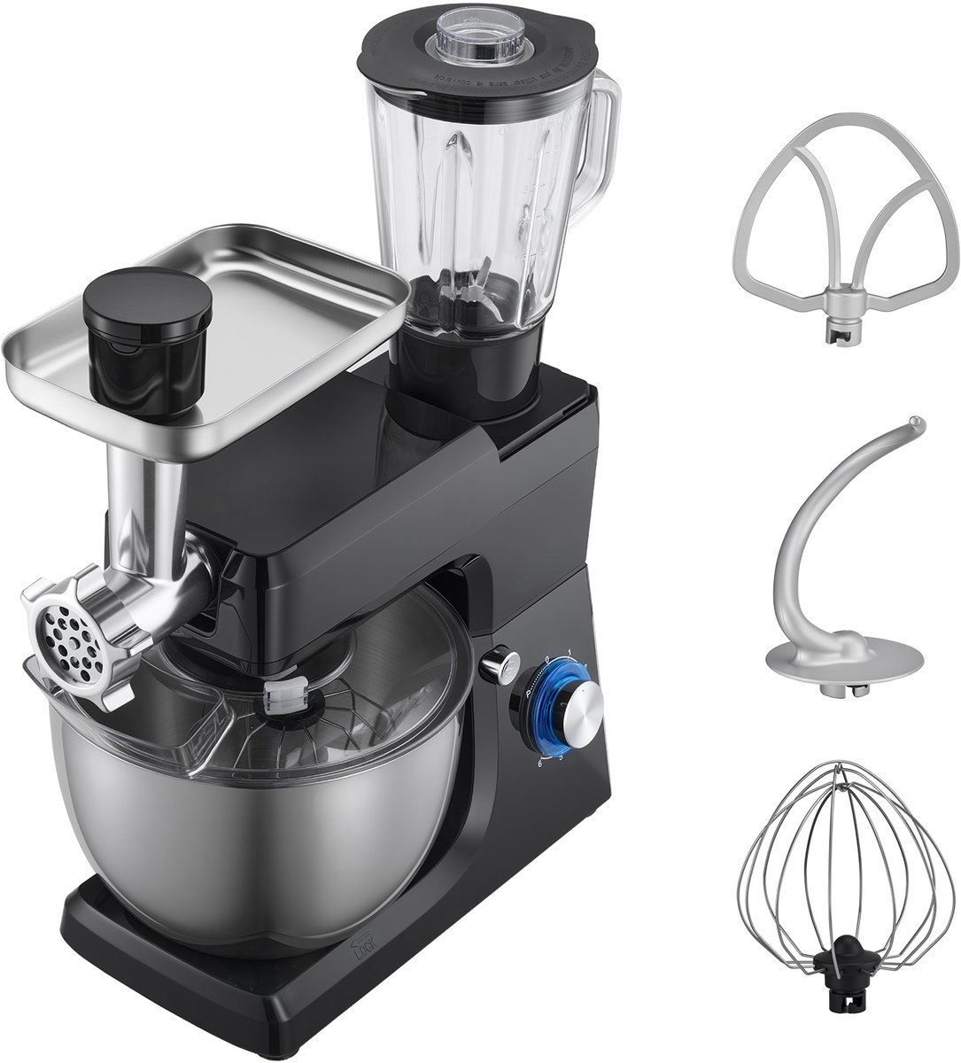 Elektrische Keukenmixer, 7,8 L Keukenmixer met 1500 W Motor, 6+P Snelheden, Kantelbaar Kopontwerp, Inclusief 1,5 L Blenderbeker, Roestvrijstalen Kom, Deeghaak, Garde en Klopper voor Bakken en Mixen, Zwart