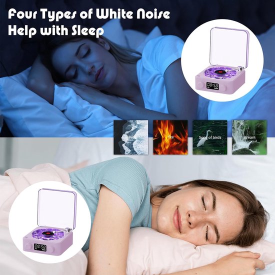 Platenspeler - Platenspeler bluetooth - Vinylspeler - platenspeler met speakers - Bluetooth-luidspreker - draagbare vintage vinylluidspreker met oceaangeluid en witte ruis - met instelbaar licht en timer voor slaapkamer, feest（Paars） — afbeelding 2