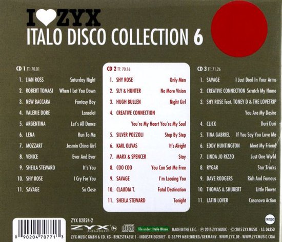 Achterkant ZYX Italo Disco Collection 6 CD's met tracklijsten en logo's.