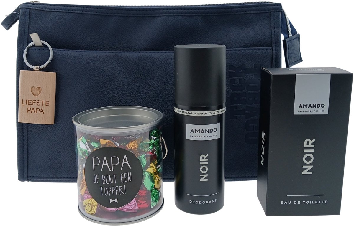 Amando Noir Heren Cadeauset – Eau de Toilette & Deospray met Toilettas, Sleutelhanger & Snoepblikje “Papa Topper” – Vaderdagcadeau voor Mannen