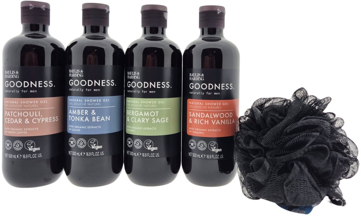 Baylis & Harding Men Douche Cadeauset – 4x Shower Gel in Diverse Geuren met Zwarte Puff – Verzorgingspakket voor Mannen