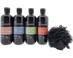 Baylis & Harding Men Douche Cadeauset – 4x Shower Gel in Diverse Geuren met Zwarte Puff – Verzorgingspakket voor Mannen