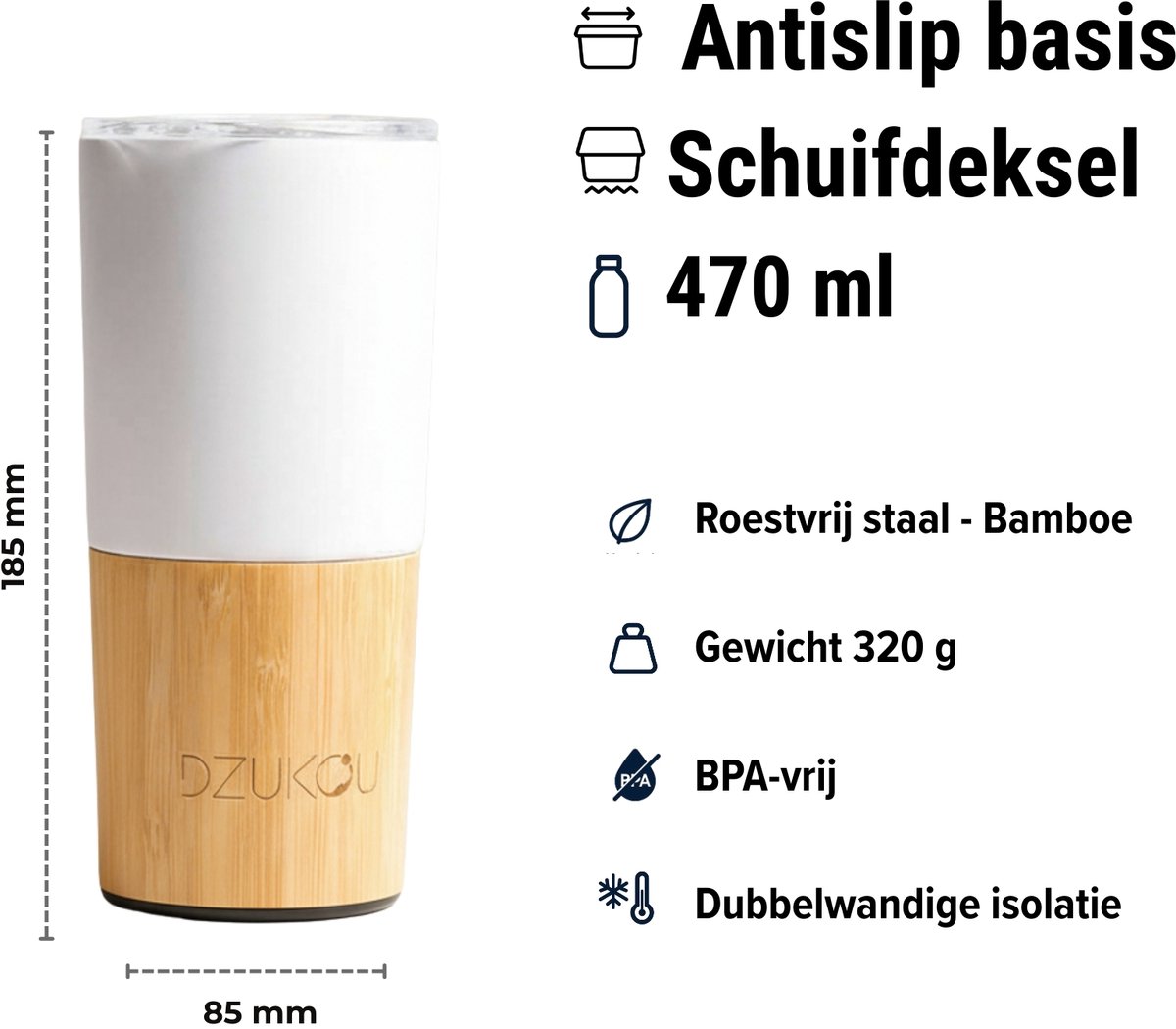 Dzukou Koffiebeker to go 470 ml RVS Bamboe – Herbruikbaar & lekvrij design — cadeau in Koken & Dineren - foto 5