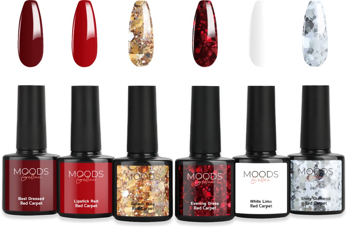 Moods Gellac 6-delige Set - Gel Nagellak - 8ML - Red Carpet Edition - Gellac - Nagels - Gellak Starterspakket - Kerst Kleuren - HEMA- & TPO-vrij