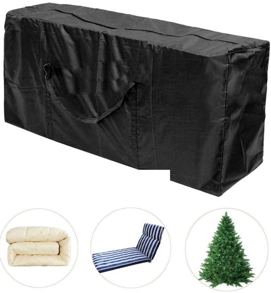 Zwarte opbergtas met handvatten. Bevat afbeeldingen van een dekbed, ligstoel en kerstboom.