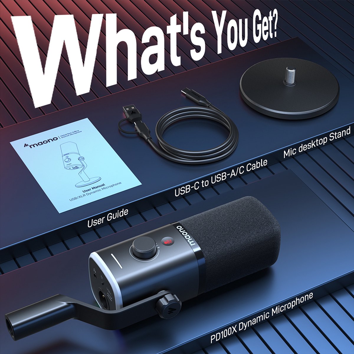 Maono PD100X - Microfoon voor Computer - USB/XLR Microfoon - Streaming - YouTube - Podcasting - Dynamische Microfoon - Plug & Play - Studio Geluidskwaliteit - Zwart thumbnail 3
