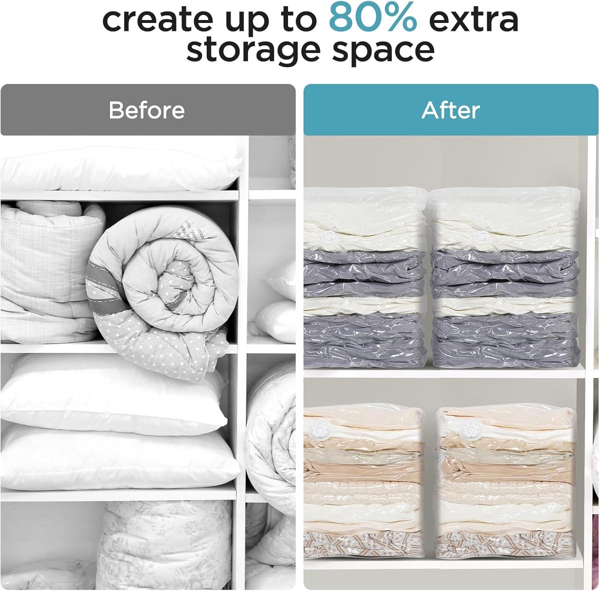 Famanu Vacuümzakken voor kleding 4 stuks 2 x groot (100 x 80 x 38 cm) + 2 kleine (70 x 50 x 30 cm) gereedschapsvrij design Transparant