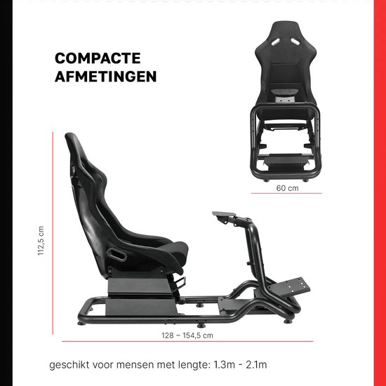 Zwart racesimulator frame met kuipstoel, afmetingen 112,5 cm hoog en 128-154,5 cm lang. Geschikt voor personen met lengte 1.3m - 2.1m.