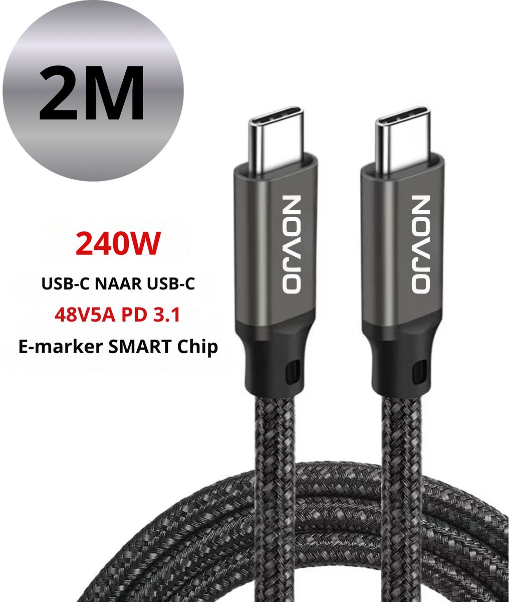 NOVJO® USB-C naar USB-C Snellaadkabel – 240W – 2 Meter – PD 3.1 – E-marker Chip – Data en Video