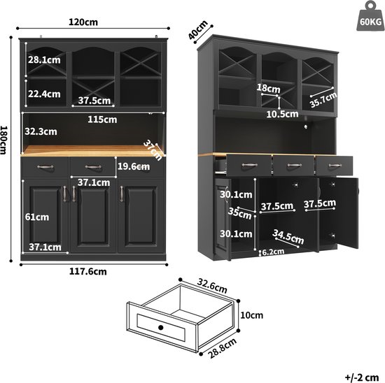 Keukenkast, keukenbuffet met led-buffetkast, multifunctionele Keukenkast, keukenbuffet met led-buffetkast, multifunctionele