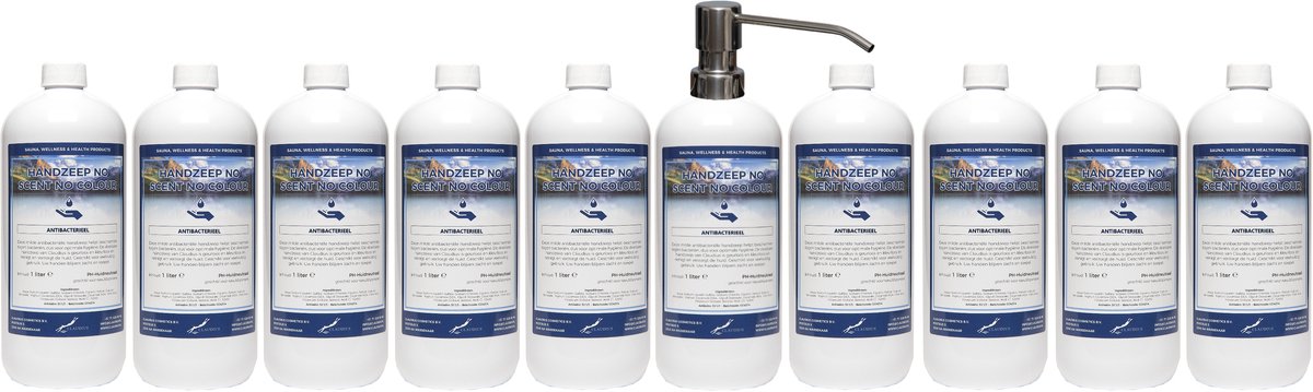 Handzeep No Scent No Colour 1 liter - set van 10 stuks - met gratis RVS zilverkleurige pomp - Voordeelverpakking