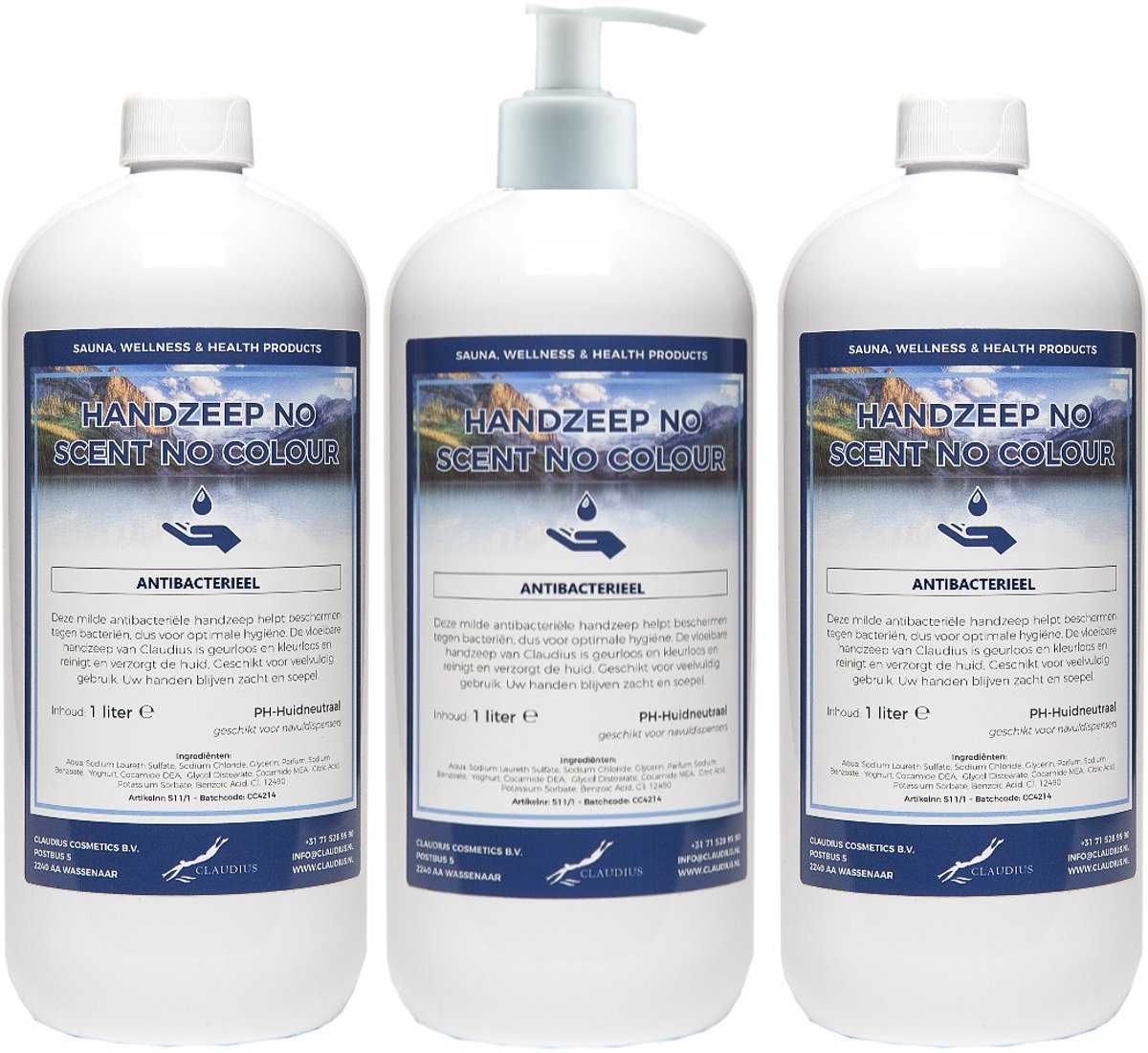 Handzeep No Scent No Colour 1 liter - set van 3 stuks - met gratis pomp - Voordeelverpakking