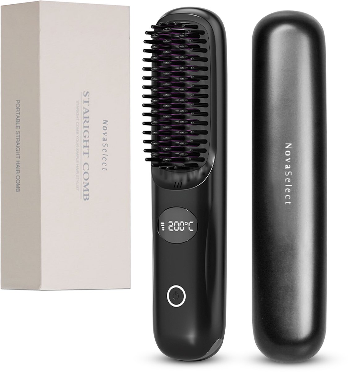 NOVASELECT® Draadloze Stijlborstel – Draadloze stijltang – Keramische Warmteborstel – Thermal Brush – Zwart – Elektrische haarborstel – Warmte borstel