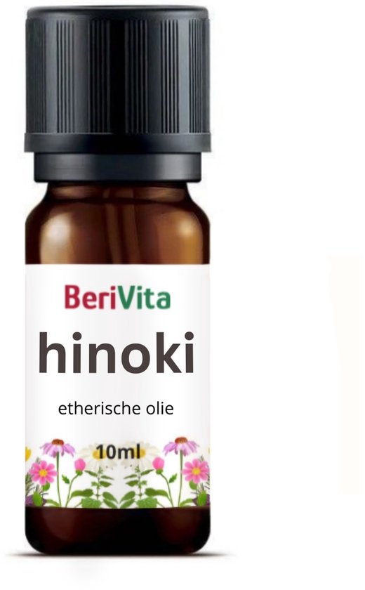 Amberkleurige fles BeriVita Hinoki etherische olie, 10ml, met bloemenprint op het etiket.