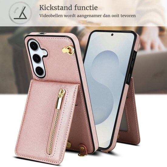 Geschikt voor Samsung Galaxy S25 FE Hoesje Met Koord - Solidenz S25 FE Wallet Case Cover - Telefoonhoes - Backcover Met Koordje - Cord Case - Lanyard - Hoesje S25 FE - Roségoud
