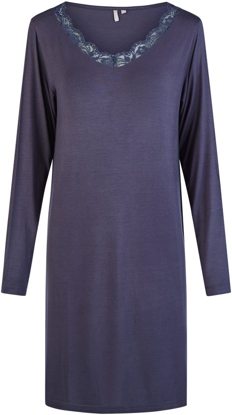 By Louise Dames Nachthemd V-Hals Met Kant Lange Mouw Bamboe Viscose Effen Donkerblauw - Maat S