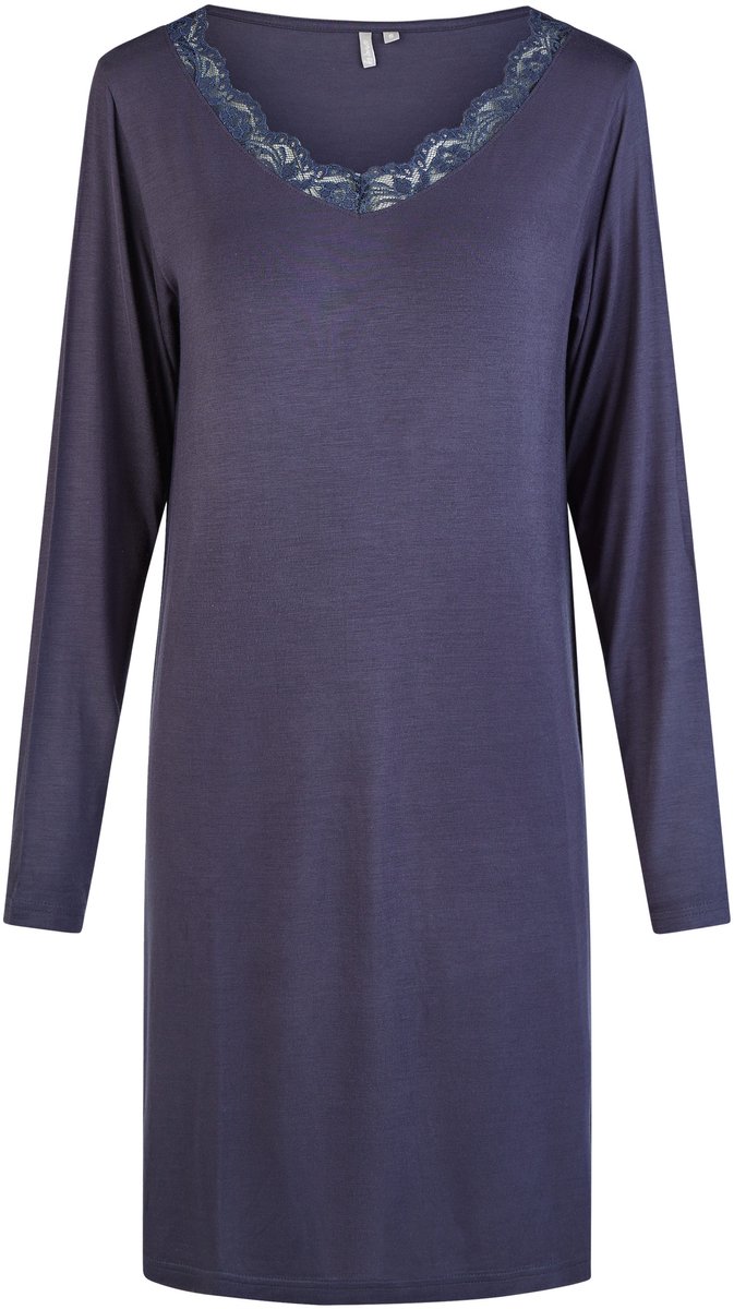 By Louise Dames Nachthemd V-Hals Met Kant Lange Mouw Bamboe Viscose Effen Donkerblauw
