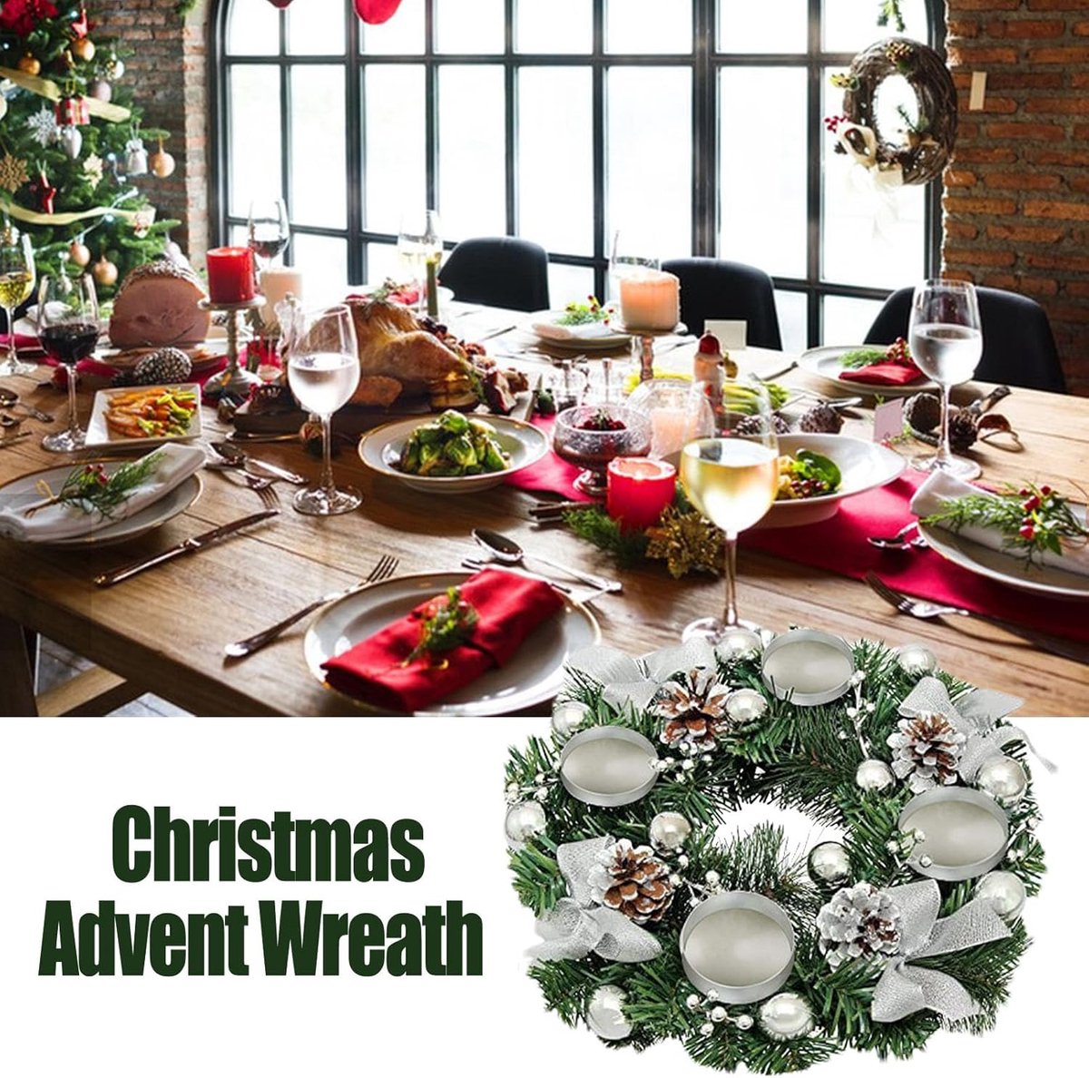 Kerstkrans - 30*30 cm - Adventkrans - Kerstlintkandelaar - Tafeldecoratie - Wordt geleverd met 4 metalen ringbekers - Versierd met dennenappels - Kerstdecoratie - Feestdecoratie - Geschikt voor tafels, feesten, kerken en Kerstmis - Zilver – foto 3