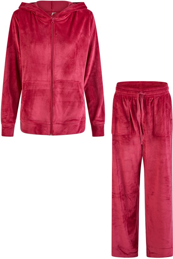 Donkerrode velours joggingbroek met koord en rits hoodie met zakken.