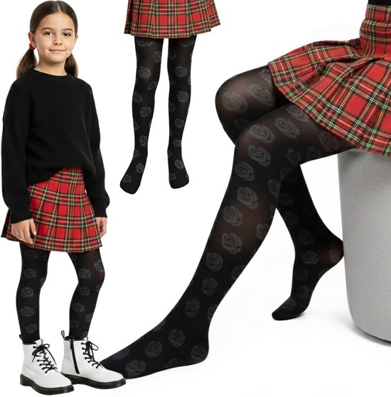 Ensemble de 2 paires de collants pour filles – Zwart avec motif floral, doux et durable