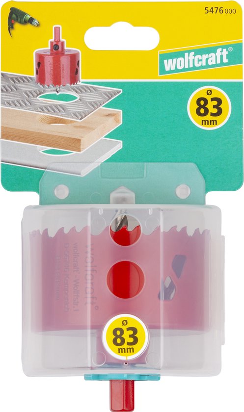 Wolfcraft gatenzaag 83mm in verpakking met illustratie van toepassing op diverse materialen.