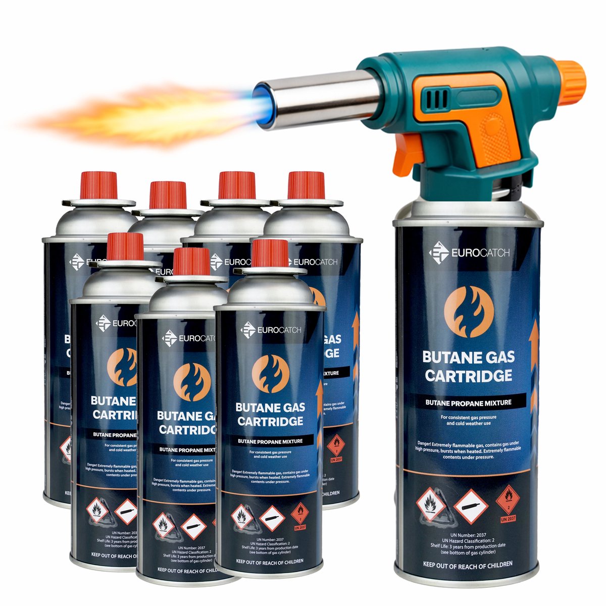 Eurocatch Gasbrander Set - 1300°C - Elektrische Ontsteking - Instelbaar Brandvermogen - Inclusief 8× 227g Gascartridge - Professionele Gasbrander