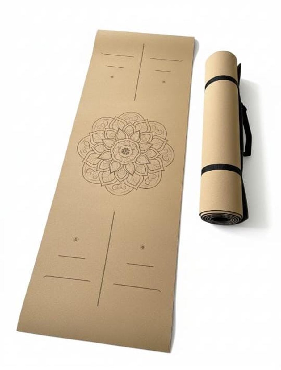 yogamat - Yogamat Kurk MANDALA – Antislip –Milieuvriendelijk met TPE-Onderlaag –183×61,5×0,5 cm –Voor Yoga, Pilates, Spirituele Momenten, Ontspanning en Fitness–Inclusief Gratis Draagriem–Lichtgewicht, Duurzaam en met Gerecyclede Verpakking/ MANDALA — cadeau in Sport & Outdoor - foto 2
