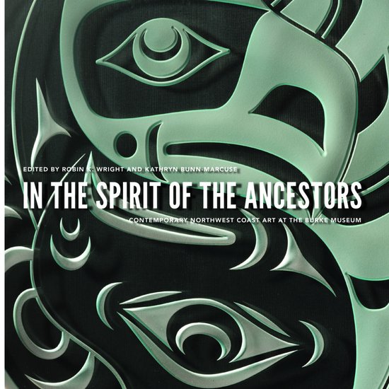 Couverture de livre avec motif artistique indigène vert menthe stylisé sur fond noir et texte blanc "In the Spirit of the Ancestors".