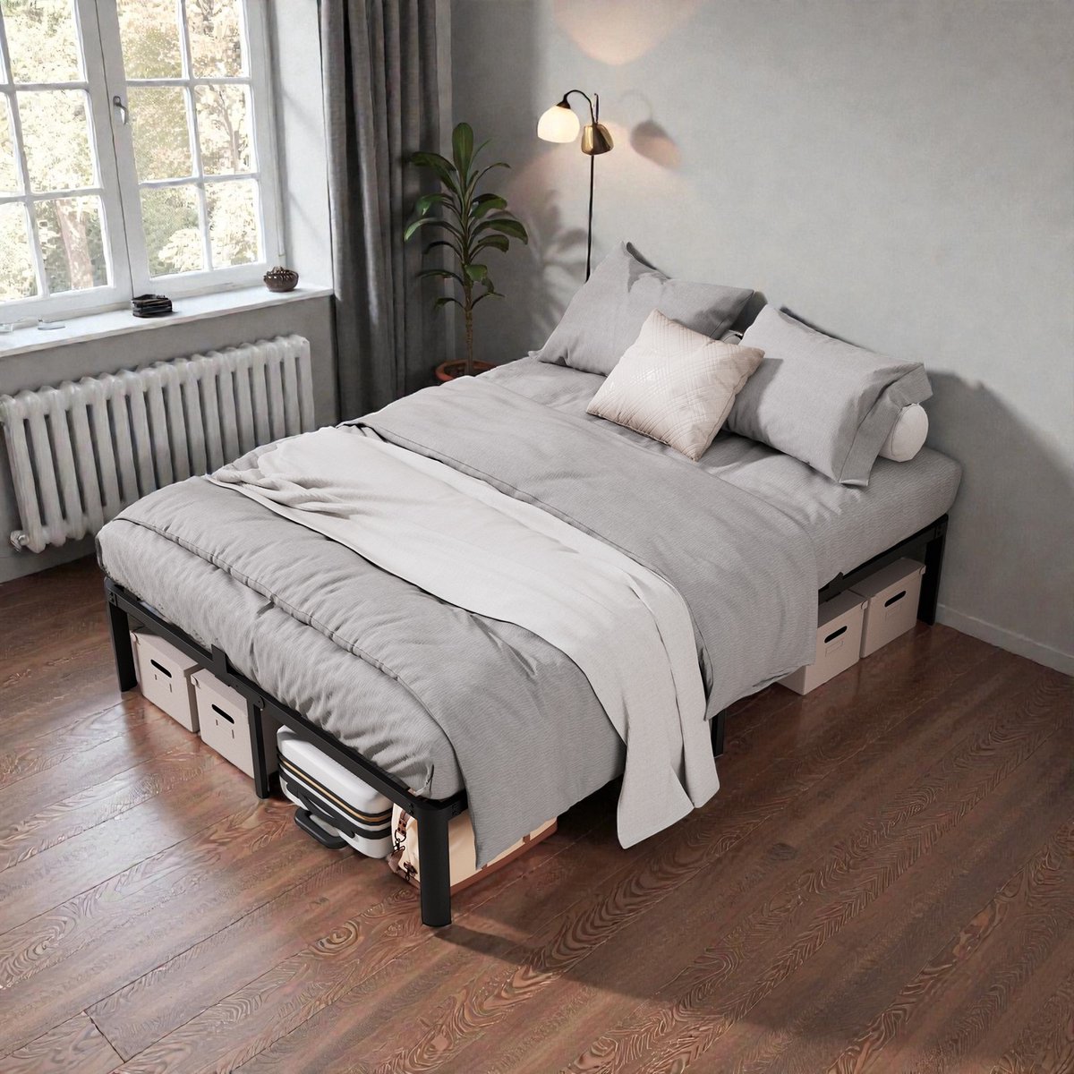 CECIPA Tweepersoonsbed - Metalen Bedframe - 140x200 cm - Minimalistisch Bedframe - Heavy Duty Metalen - Extra Stevig & Krasvrij - Grote Opbergruimte - Lattenbodem - Eenvoudig te Monteren - Zwart