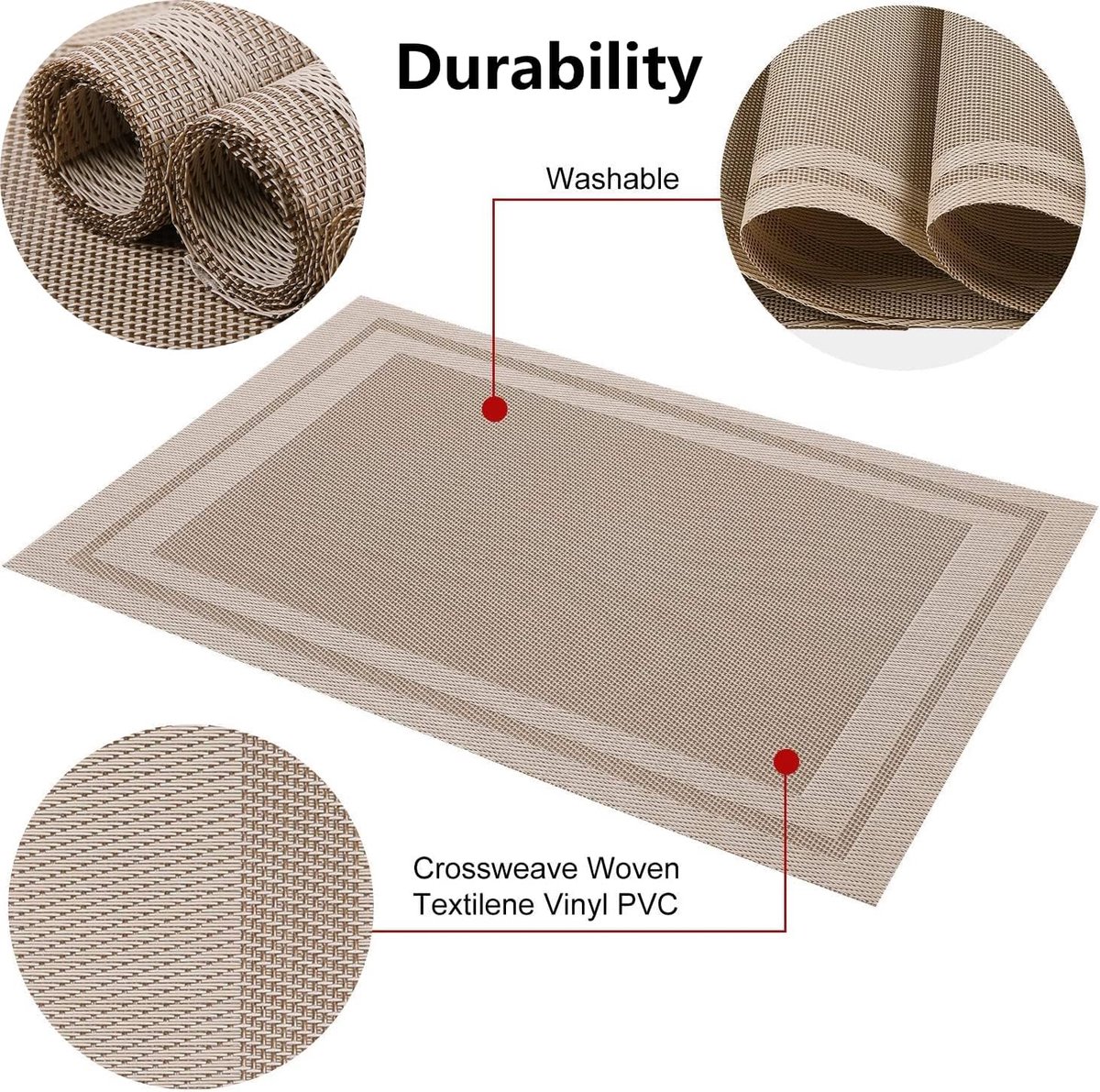 Candala Placemats, wasbare pvc-tafelmatten, geweven vinyl placemat voor eetkamertafelplaatsmatten set (6 placemats en 1 tafelloper, beige-frames)