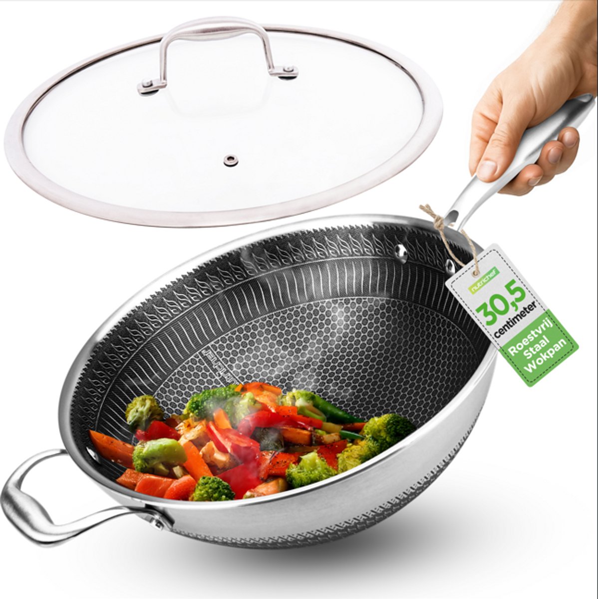 NutriChef Wokpan- Inductie Wokpan 30 cm Roestvrijstalen - Antiaanbak Roerbakpan- Krasbestendig Honingraat Brandtextuurpatroon