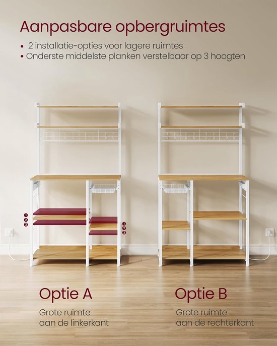 VASAGLE Keukenrek Met Stopcontacten – 4 Niveaus, 8 S-haken, Papierhouder, Verstelbare Plank, 40x45x140 Cm, Goud Eiken En Wolkenwit, Max. 75 Kg