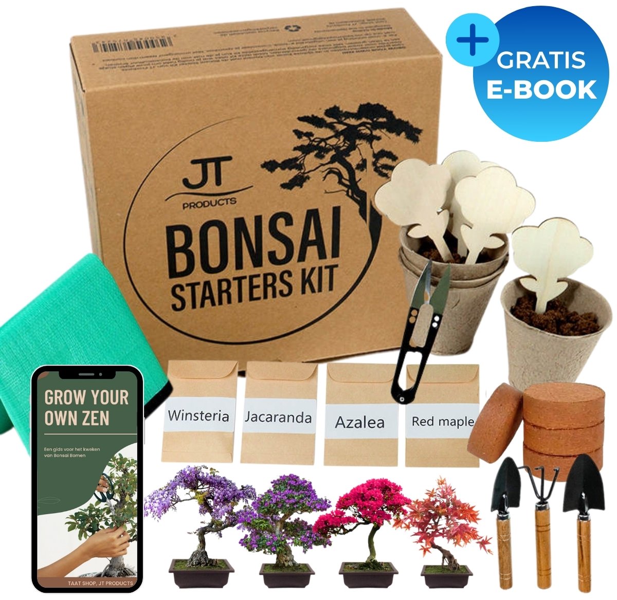 JT Products Bonsai Starters Kit – Met Uitgebreide E-Book – 4 Soorten Zaden – Bonsai Schaar – Bonsai Gereedschap – Bonsai Zaden – Bonsai Kit – Bonsai Boompje - Kweekset Cadeau - Bonsai Verzorgingsset