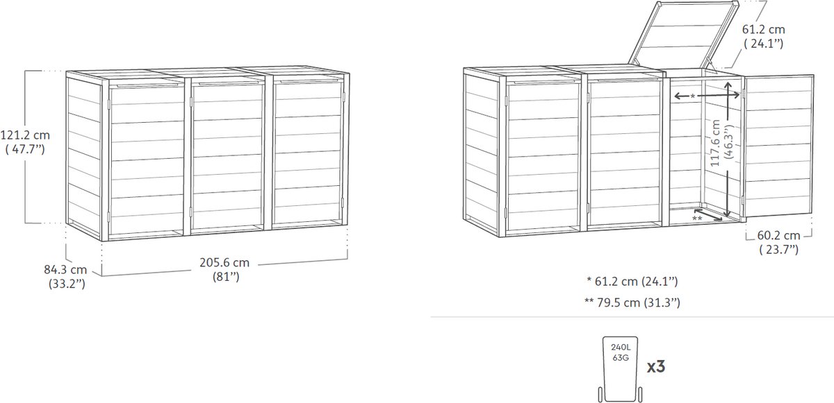 Keter Hide Away Containerberging - 3x 240L - Ashwood