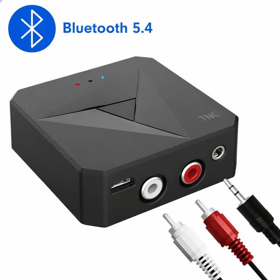 Zwarte Bluetooth 5.4 ontvanger met NFC en aansluitingen voor micro-USB en RCA-audio. Inclusief audiokabels.