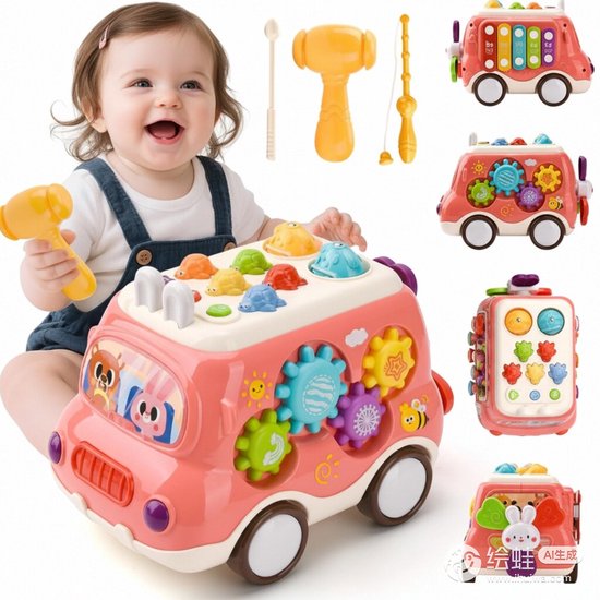 Speelgoed voor 1 Jaar, Montessori Muzikale Speelgoedbus met Xylofoon en Hamerspel, Educatief Baby Speelgoed voor Jongens en Meisjes 1-2 Jaar, Cadeau (roze)