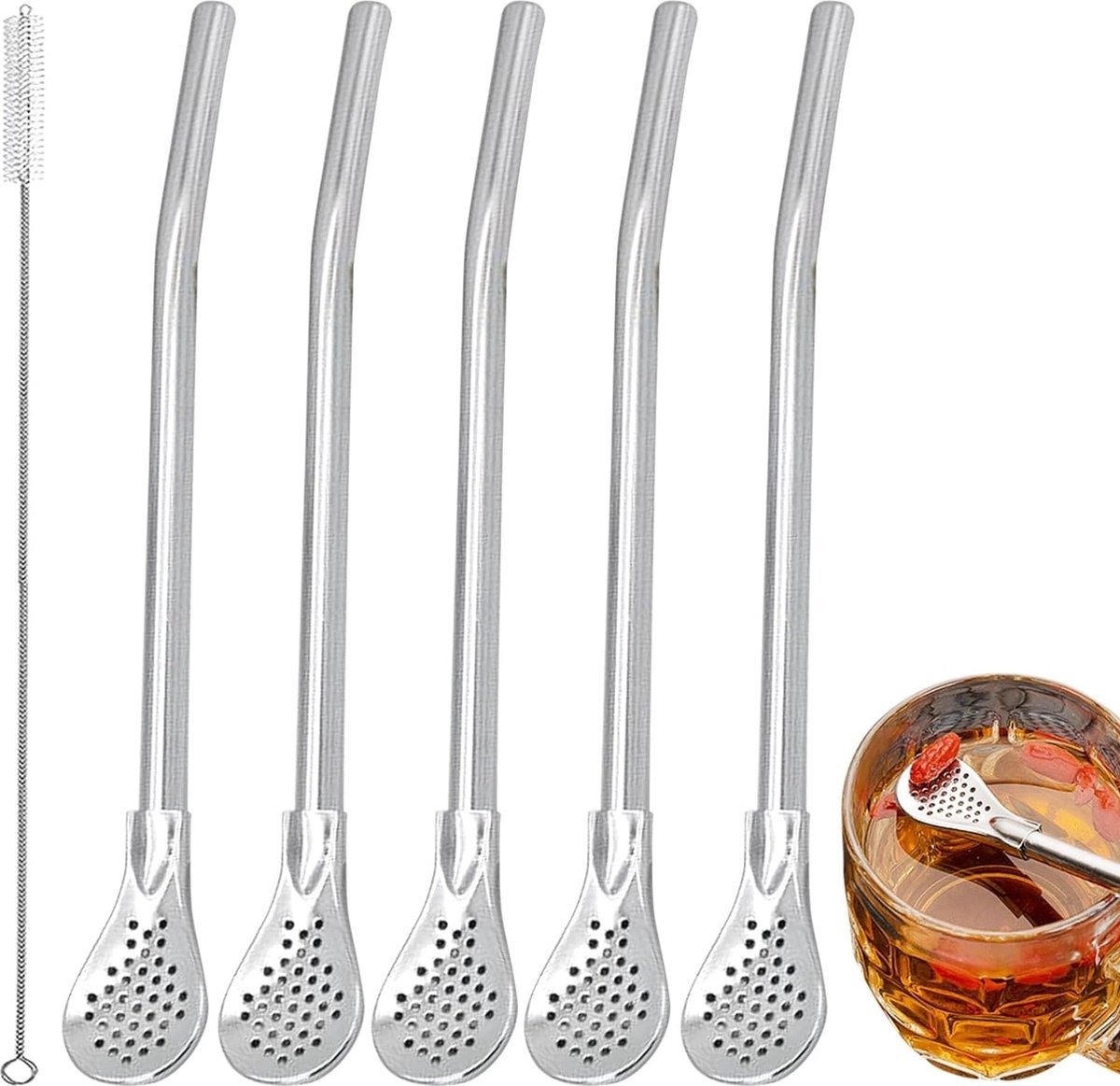 Borvat® 6 stuks, roestvrijstalen rietjes, met 1 reinigingsborstel, herbruikbaar, filterlepel, drinklepel, voor koffie, citroenthee, cocktail, milkshakes, 15 cm