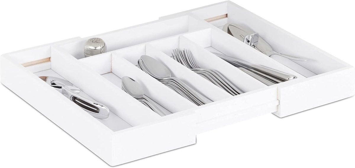 Famanu – Besteklade - uitschuifbaar - variabele breedte - 5-7 vakken - organizer van bamboe - 37,10 x 31,80 x 5,20 - wit