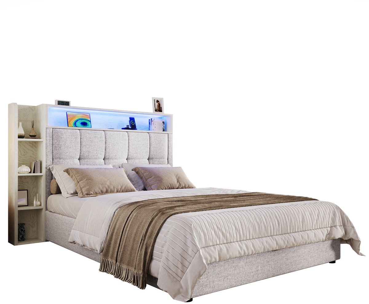 Merax Gestoffeerd Bed 90x200 - Beige - Bed Met Opbergruimte Met Hydraulische Lift - LED Verlichting Met Afstandsbediening En App - USB En Type-C Oplaadfunctie - Inclusief Lattenbodem