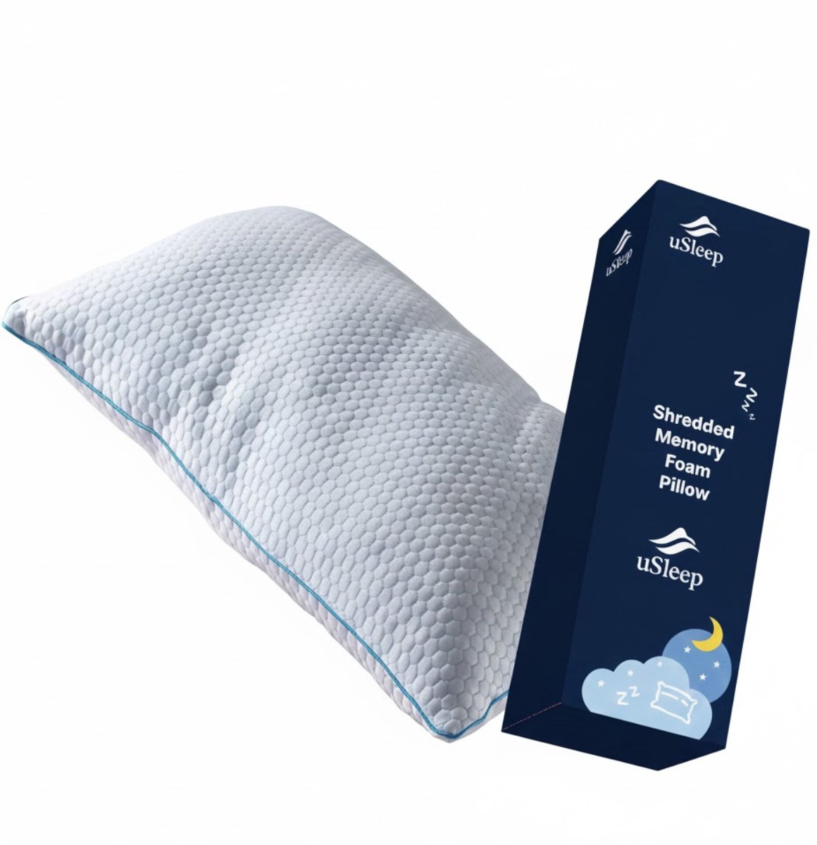 uSleep Hoofdkussen - Memory Foam - 60x70 cm - Afstelbaar Design - Geschikt voor rug, zij- en buikslapers - Traagschuim - Vermindert Nekklachten Wit met blauwe details