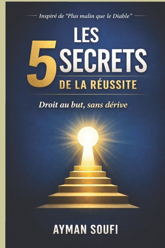 Couverture du livre 'Les 5 secrets de la réussite' avec texte doré sur fond bleu. Un trou de serrure lumineux au sommet d'un escalier.
