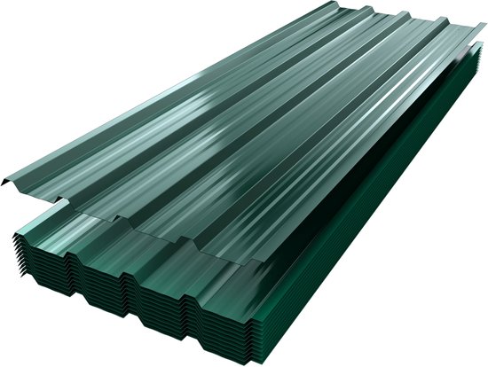 Stapel groene, gegalvaniseerde trapezium golfplaten, 0,25mm dik.