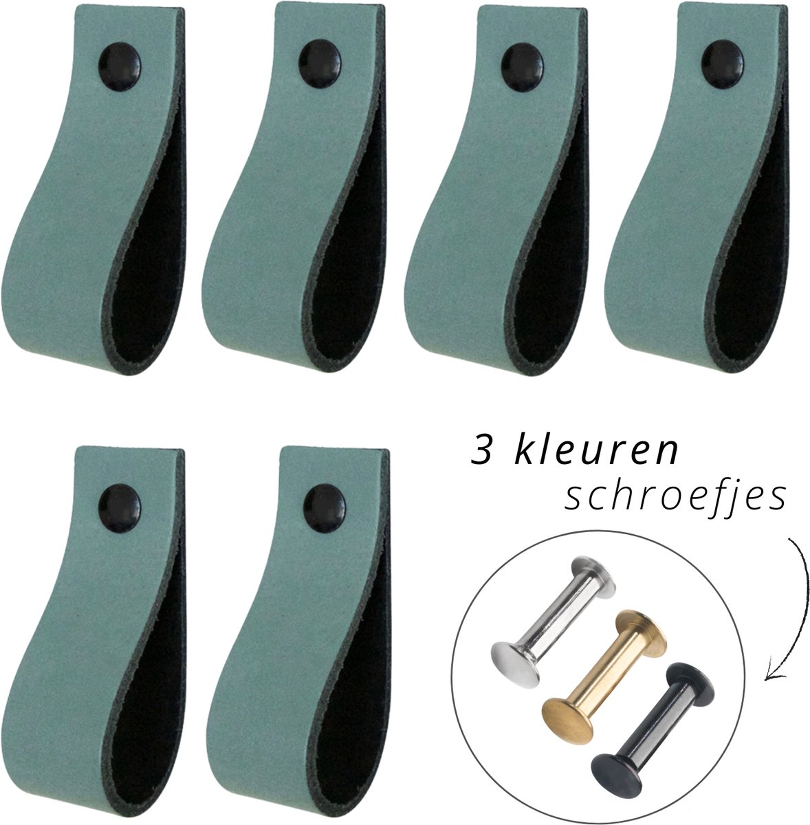 Handles and more - 6x Leren handgrepen lusjes - Vaal Groen - S (15,8cm) - incl. 3 kleuren schroefjes (handgreepjes - leren handgrepen - greepjes - leren lusjes)