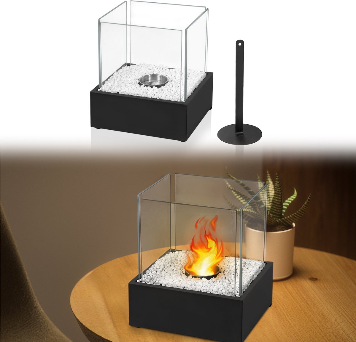Aufun Bio-Ethanolhaard - Vuurkorf Tafelhaard Draagbaar Met Veiligheidsglas En Vlamblusser - Inclusief Natuurstenen - Tafeldecoratie Voor Binnen En Buiten - Type D