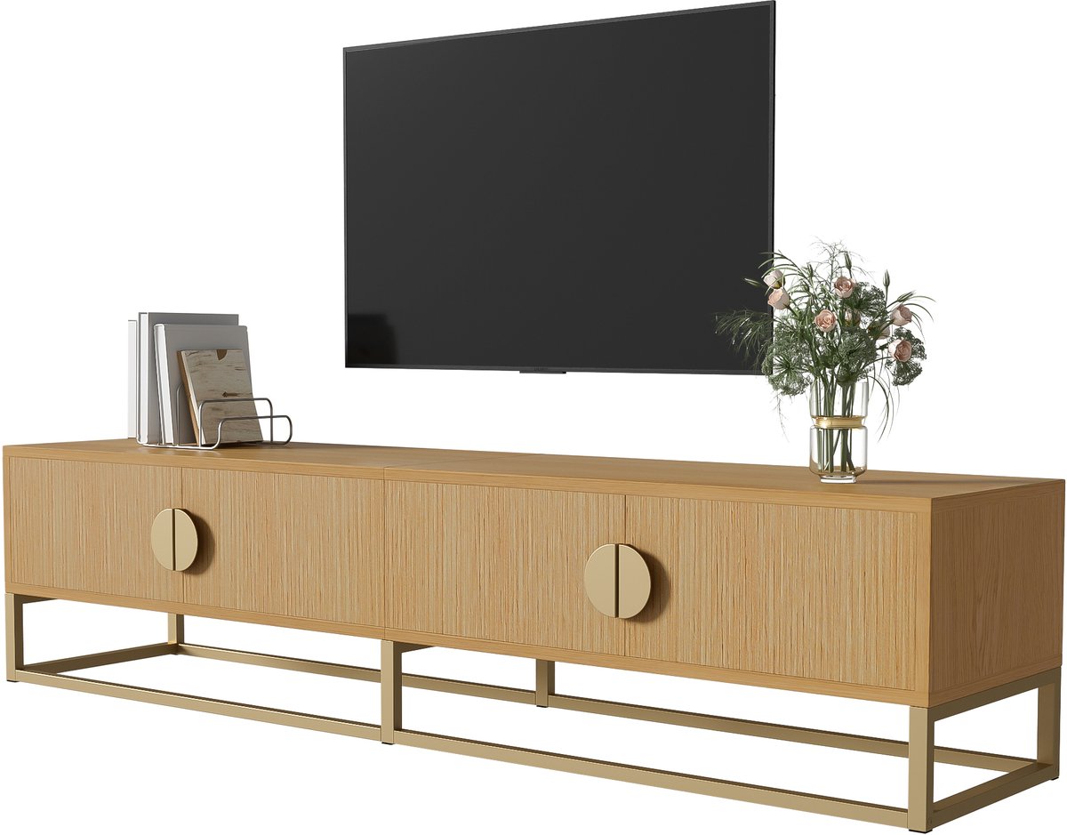 TV-Meubel 180 cm - Lowboard Met Houtnerf En 4 Deuren - Halfronde Grepen - Onbekend - Houtl