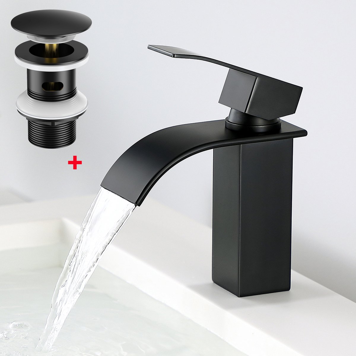 CECIPA max Wastafelkraan Zwart - incl. Pop-up Afvoerventiel - Badkamerkraan - Mengkraan - Watervalkraan - Waterbesparend - inclusief aansluitingen - Zwart