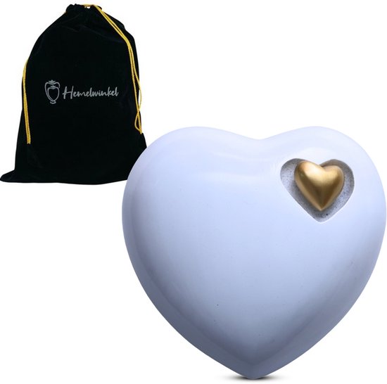 Wit hartvormige urn met een gouden hartje en een zwarte opbergzak.
